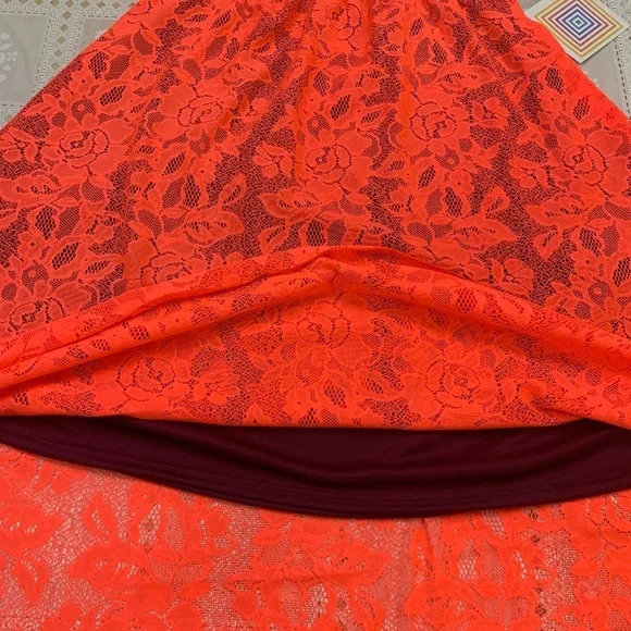 NWT Lola Lace Midi Skirt Bright sheer Coral over black high elastic waistband - Picture 5 of 8